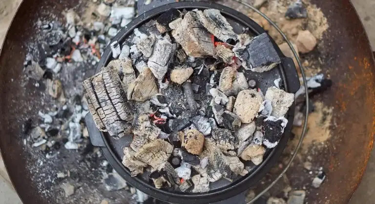 Cast-iron cookware resting in a bed of glowing coals and white ash during a campfire.