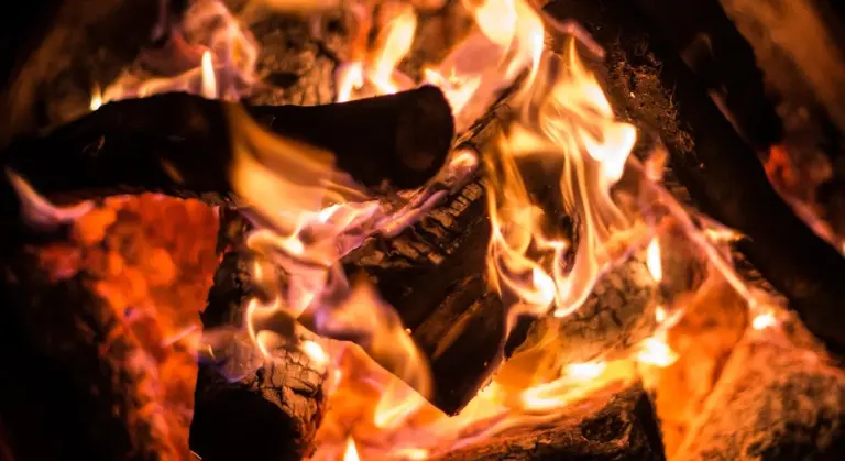 Close-up of a wood fire with orange flames and glowing embers, illustrating high-heat cooking.