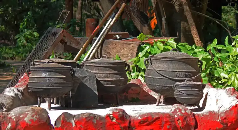 Several cast iron pots and kettles resting over a campfire pit, with cooking tools and green foliage in the background.