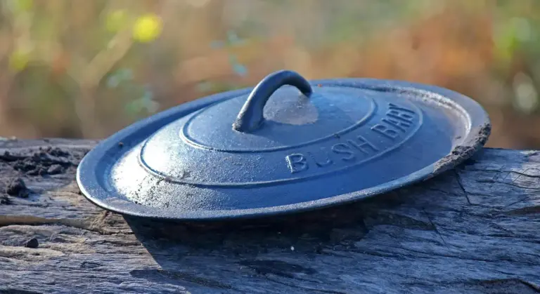 A close-up of a cast iron lid resting on a weathered wooden log outdoors.