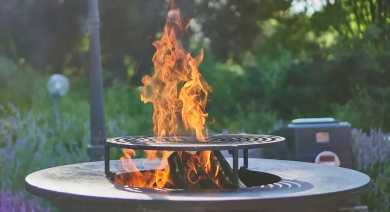 Close-up of a circular cast-iron stove grate with flames rising in a garden setting