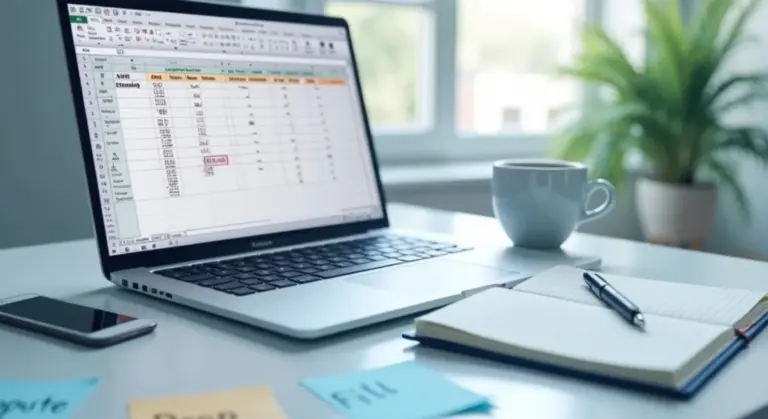 Laptop open to a spreadsheet on a desk, with a notebook, pen, mug, and a plant in the background.