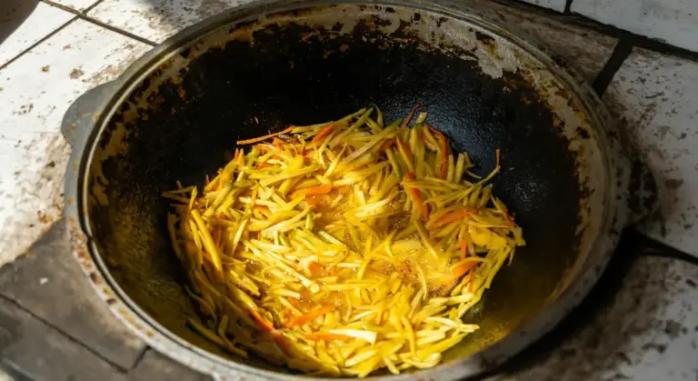 Cast iron skillet with dark patina and burnt interior, containing yellow julienned vegetables, resting on a tiled surface.