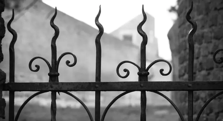 Black-and-white photograph of a decorative wrought iron fence with pointed finials and curling scrollwork.