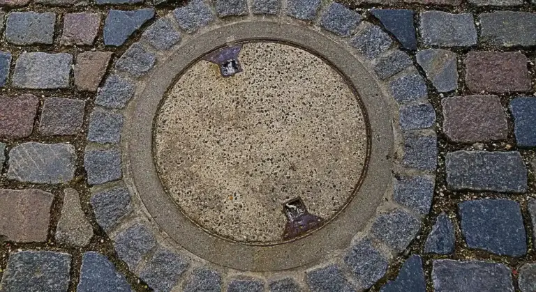 Round metal cover set in a circular ring surrounded by a cobblestone pavement.