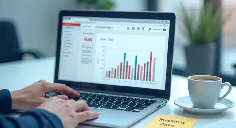 Person types on a laptop showing a chart with a NaN label; a sticky note on the desk reads 'Missing data'.