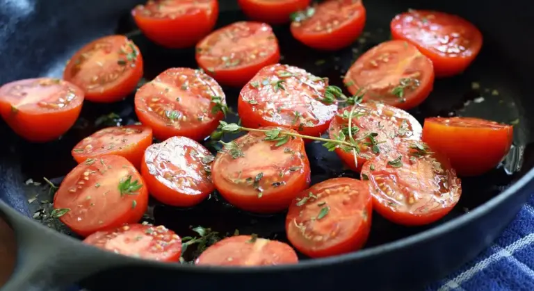 Roasted cherry tomatoes with herbs in a dark skillet.
