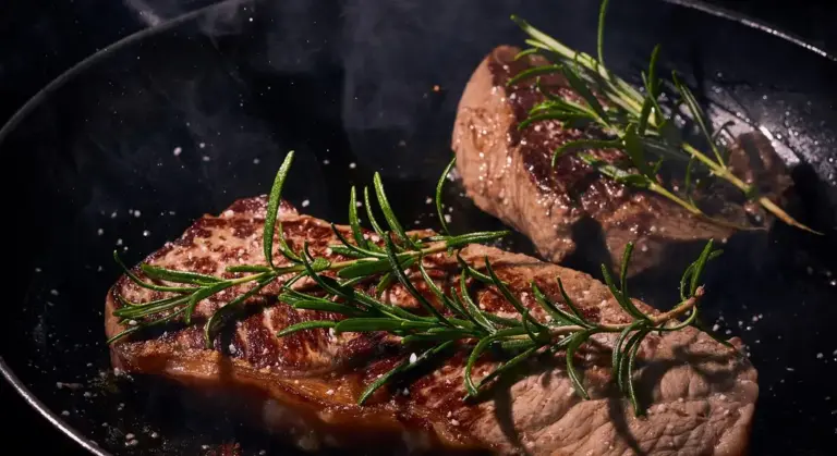 Two seared steaks in a dark skillet with fresh rosemary sprigs on top.