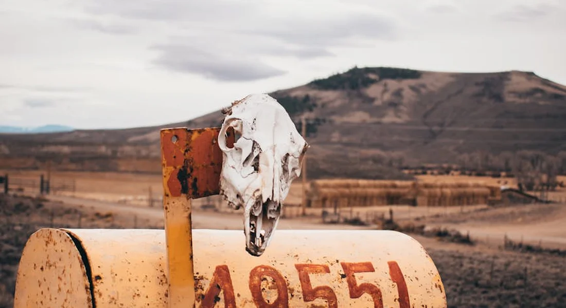 Rusty orange mailbox with a torn white cloth on top in a barren rural landscape with distant hills.
