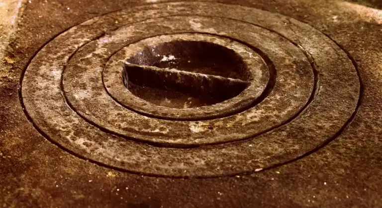Close-up of a heavily rusted circular drain cover.