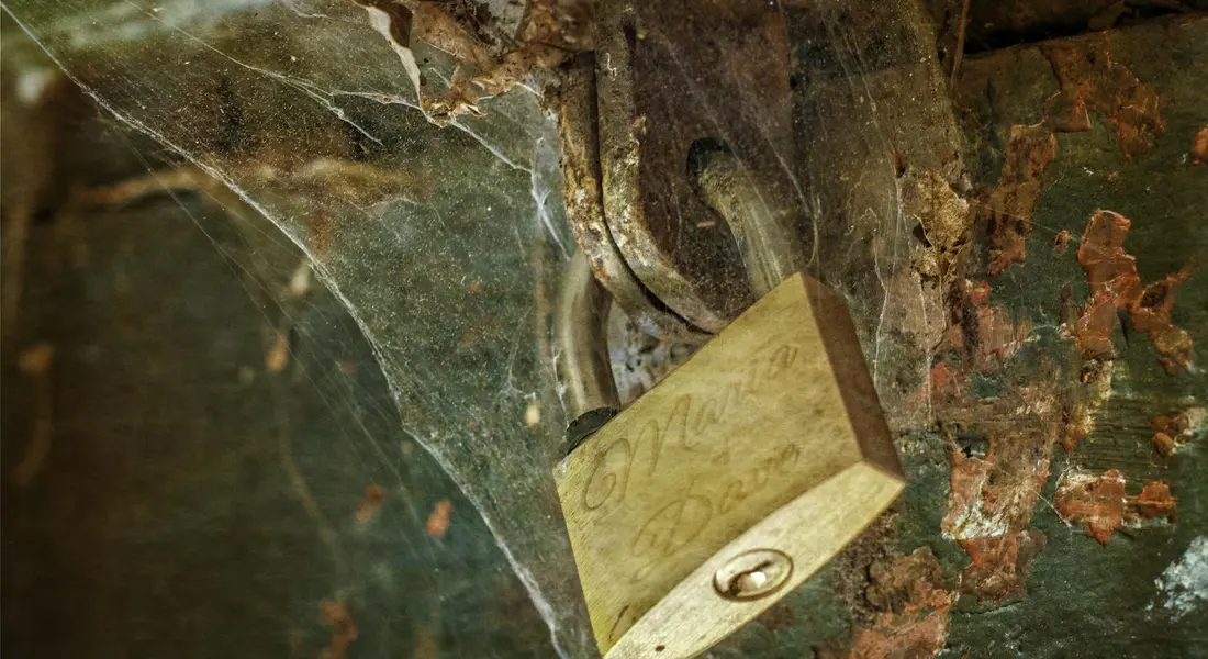 Close-up of a rusted metal surface with a small wooden wedge and a screw