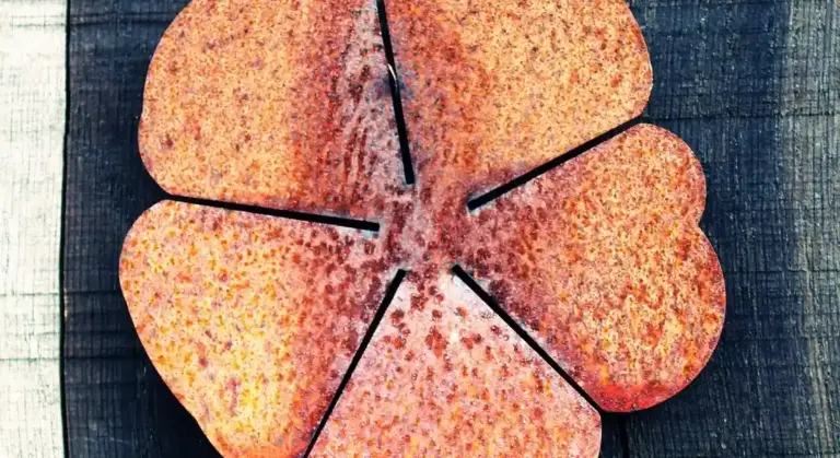 Rusty four-petaled cast iron piece on a dark wooden surface, ready for restoration.