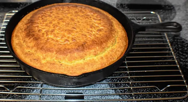 Round, golden-brown cornbread baked in a cast iron skillet on a grill rack.